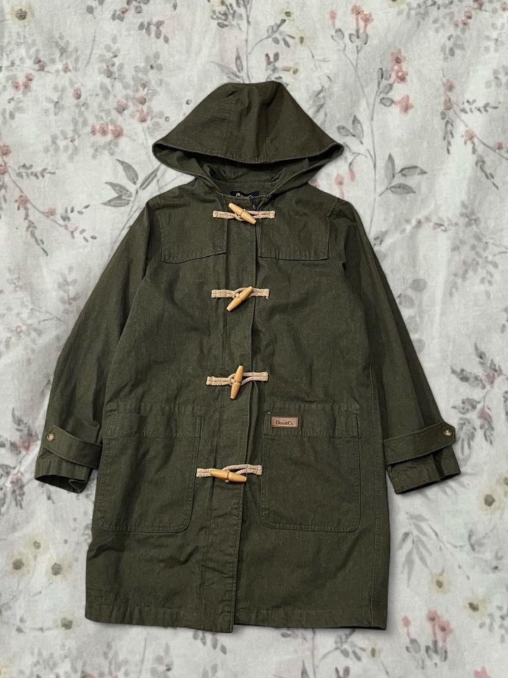 Vintage Denim & Co Green Denim Duster Coat Lined Toggles Hooded Olive Granola
